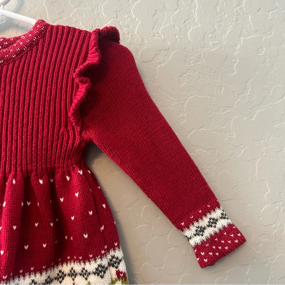 Max Studio baby red floral sweater dress, tight and hat matching set size 0-3 mo